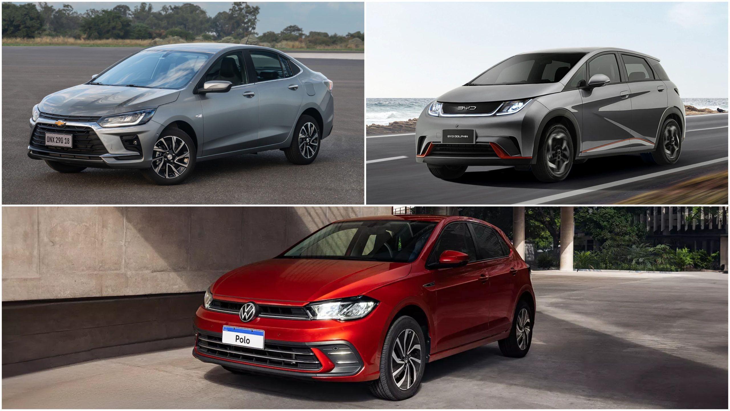 Volkswagen Polo, Chevrolet Onix Plus e Dolphin GS em montagem sobre o programa Move