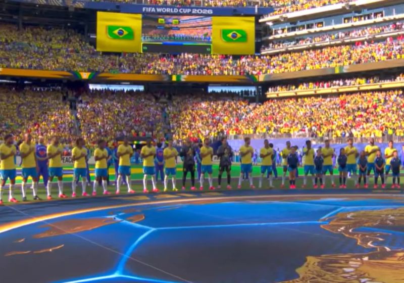 Jogadores da Seleção Brasileira durante execução do Hino Nacional