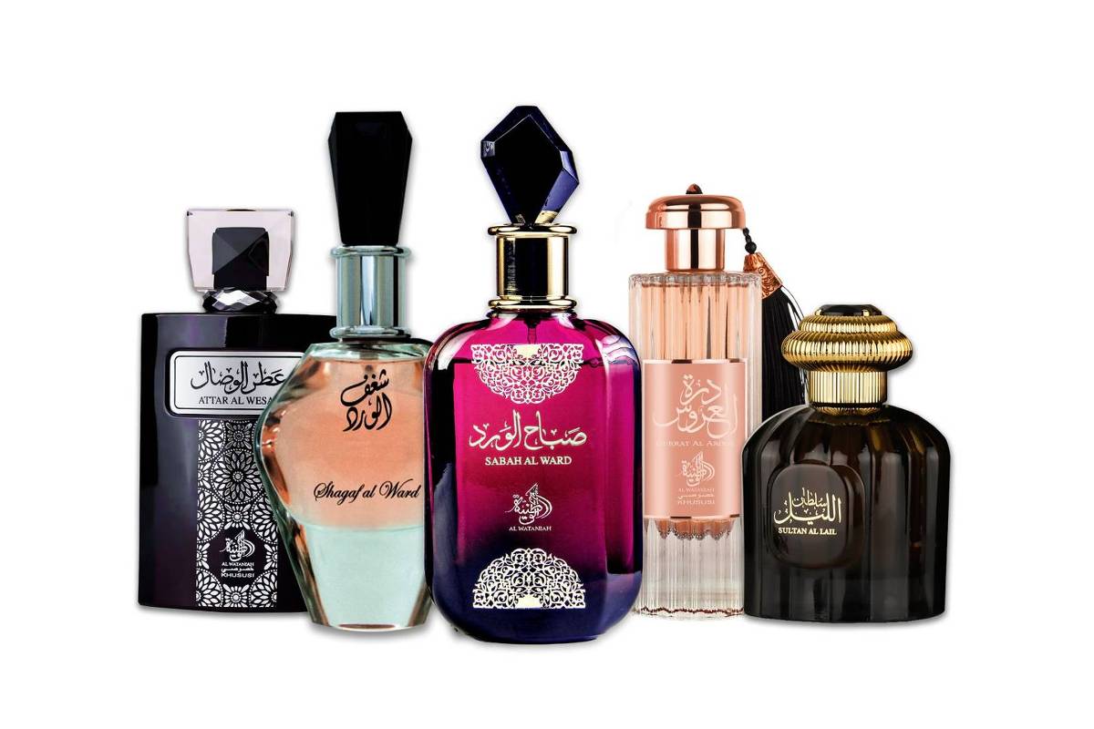 Frascos de perfumes árabes da marca Al Wataniah