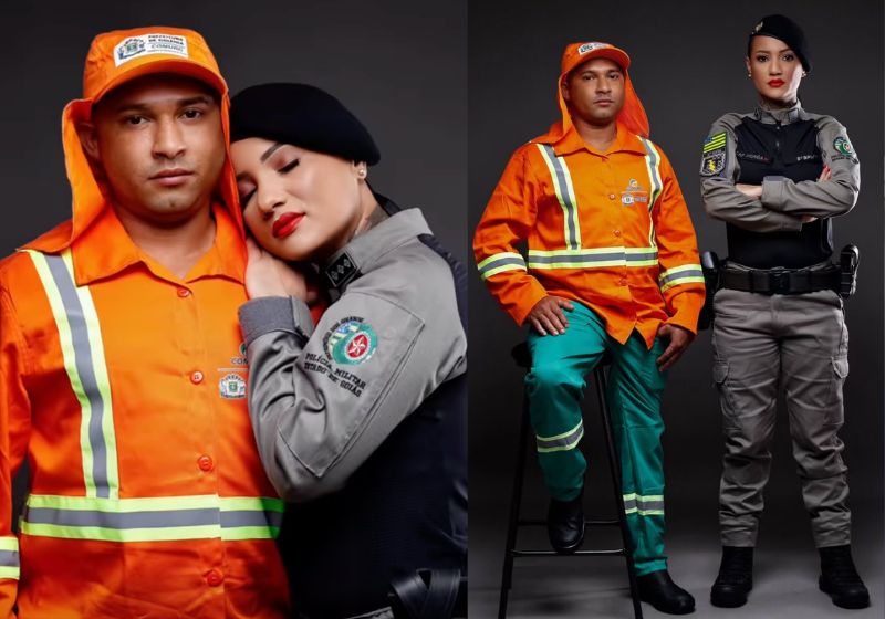 Andreia Guimarães Tavares fardada ao lado de José Francisco Barros com uniforme de gari