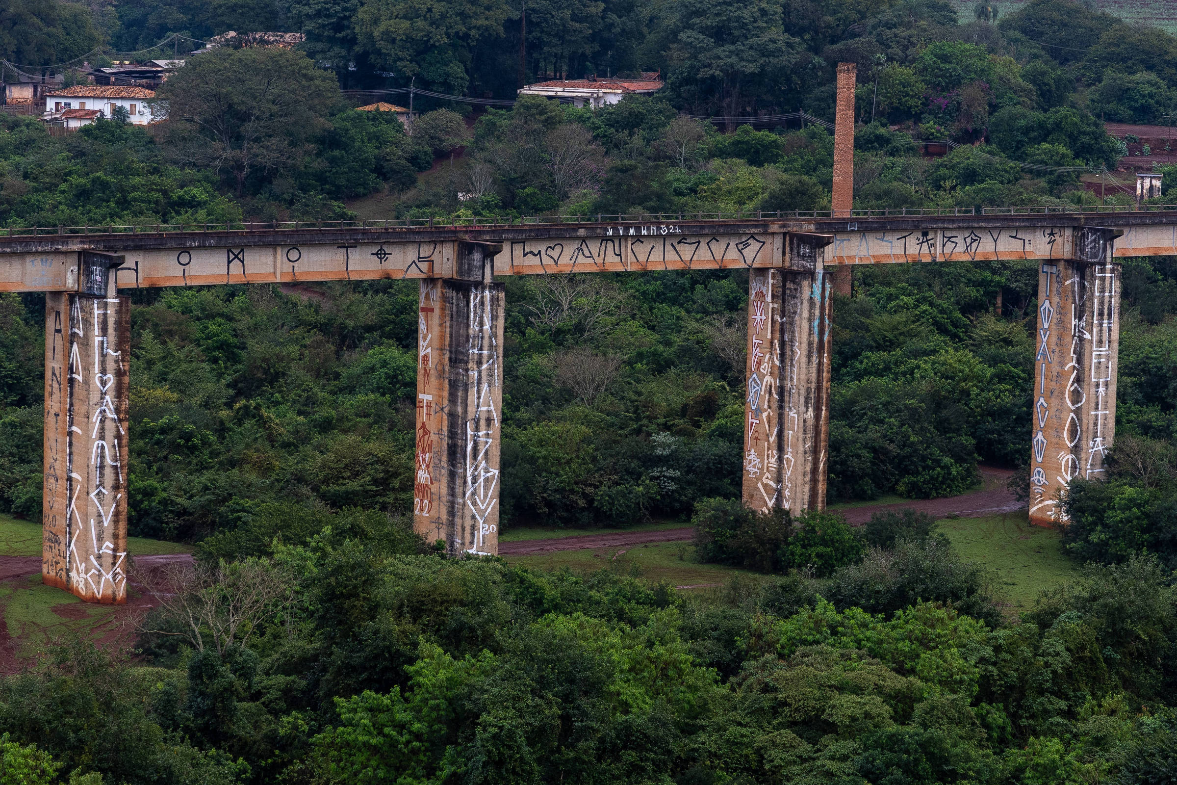 Viaduto ferroviário de concreto com pilares cobertos por grafites em área de vegetação