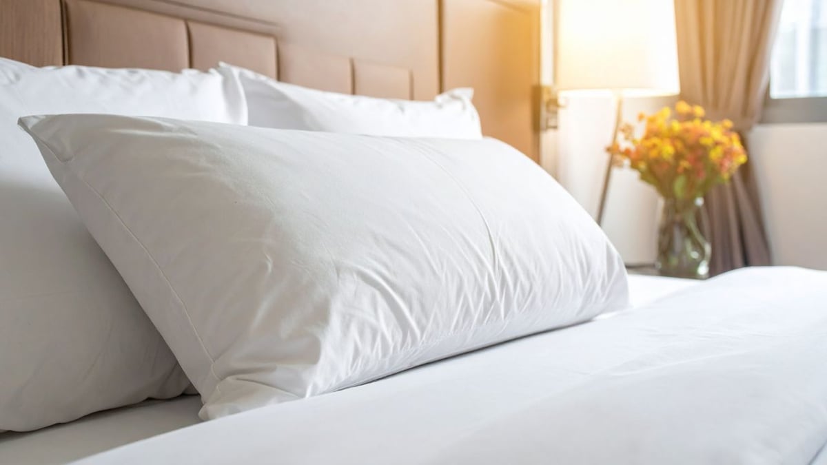 Travesseiros brancos sobre cama arrumada de hotel