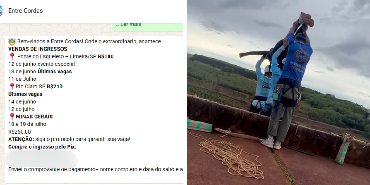 Participante em plataforma de rope jump com instrutores