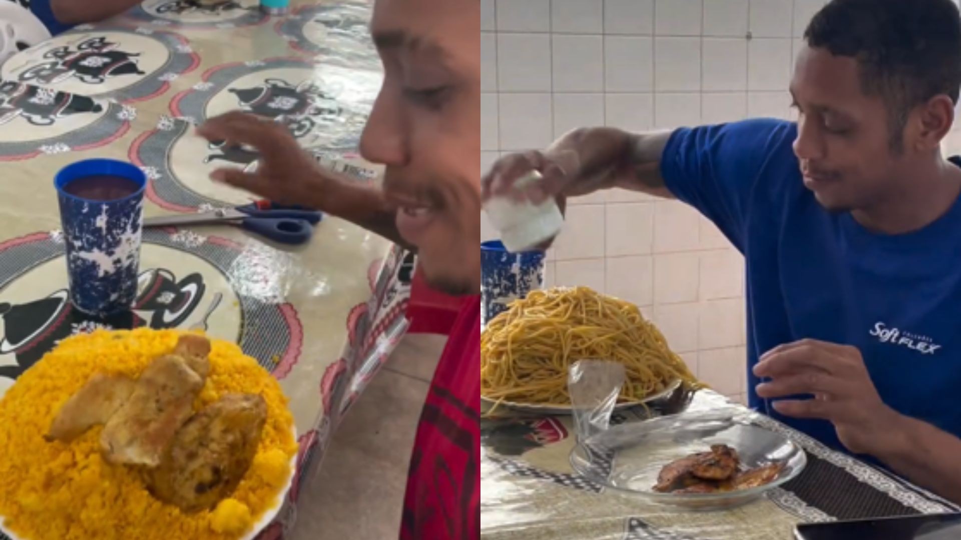 Luiz Guilherme da Silva com prato grande de comida no refeitório