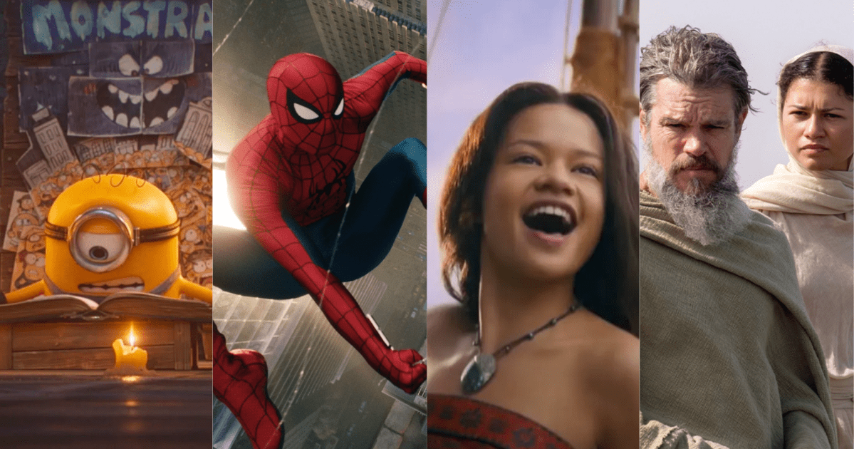 Montagem com os filmes A Odisseia, Homem-Aranha: Um Novo Dia, Moana e Minions e Monstros
