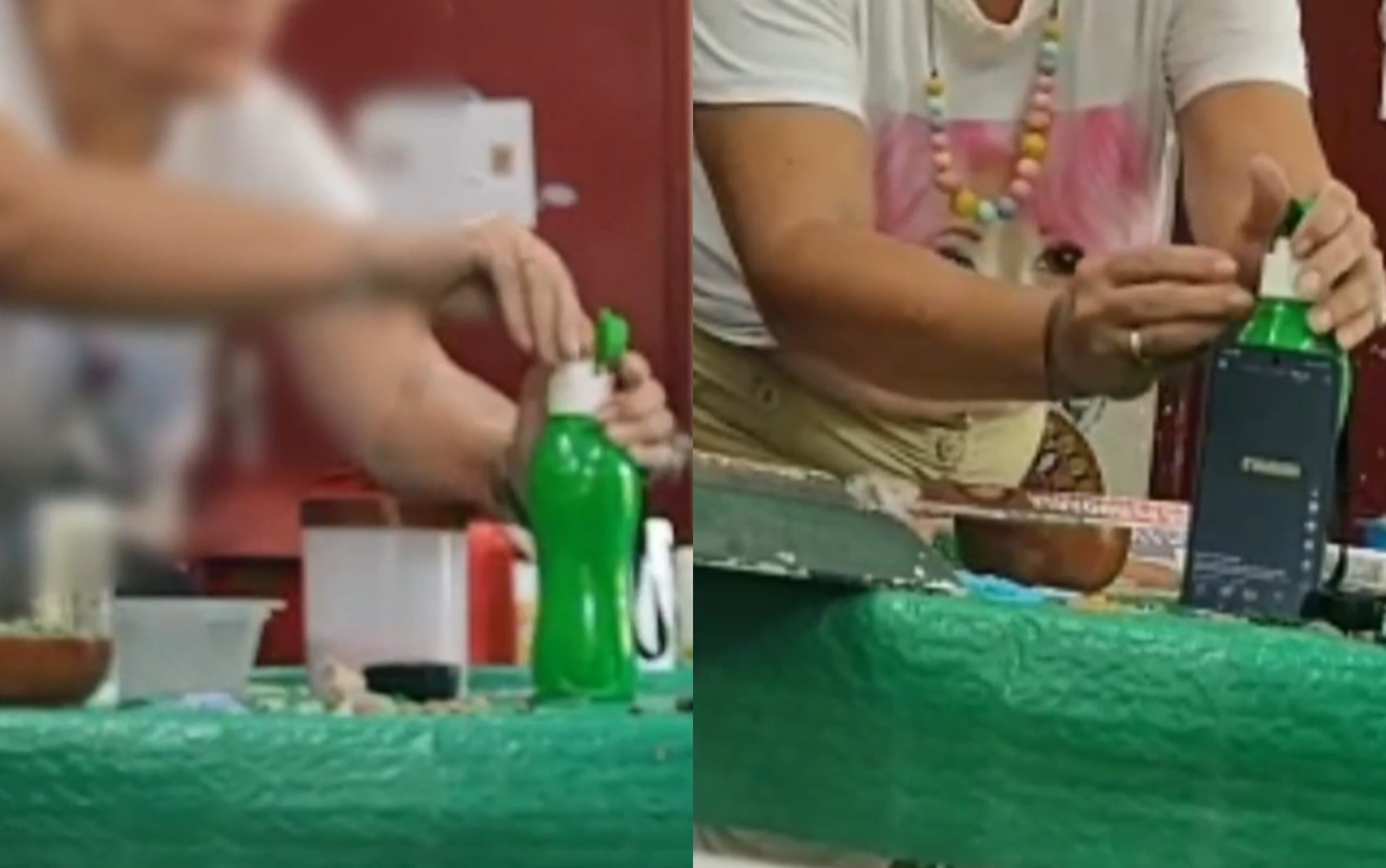 Mulher manipula garrafa d’água sobre mesa