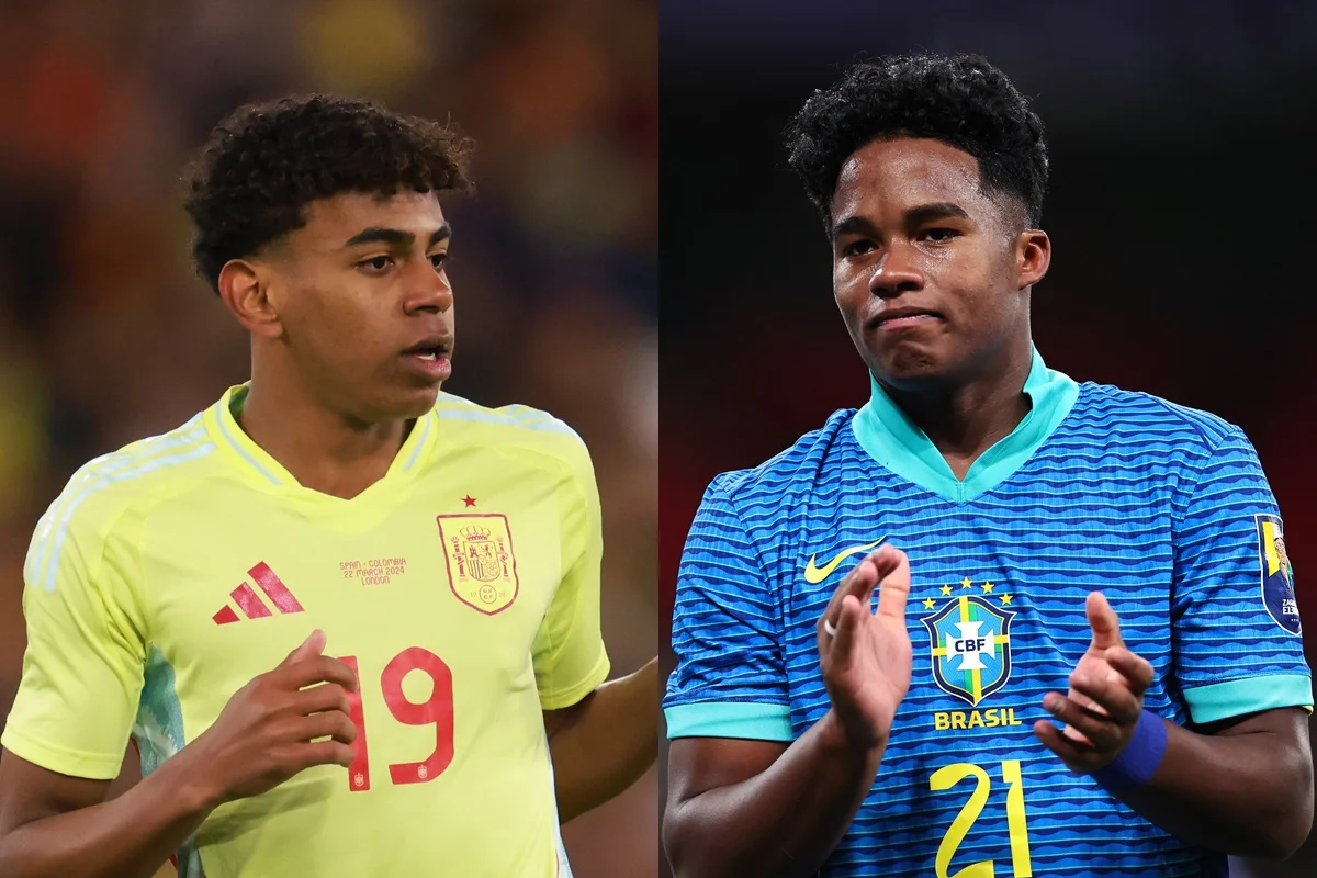 Endrick e Lamine Yamal durante partidas de futebol