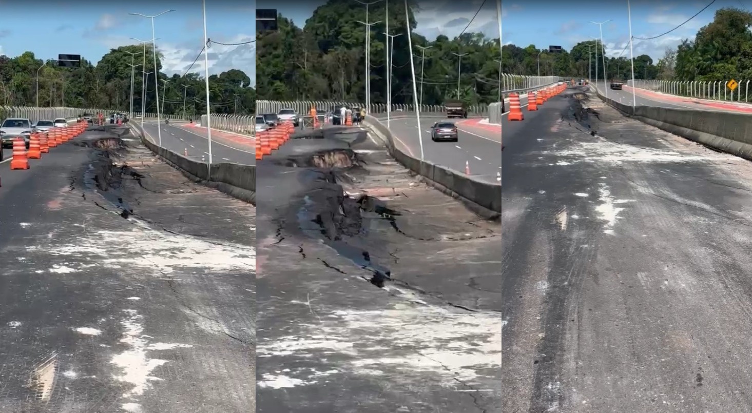 Trecho da Avenida Liberdade com asfalto cedido em Belém