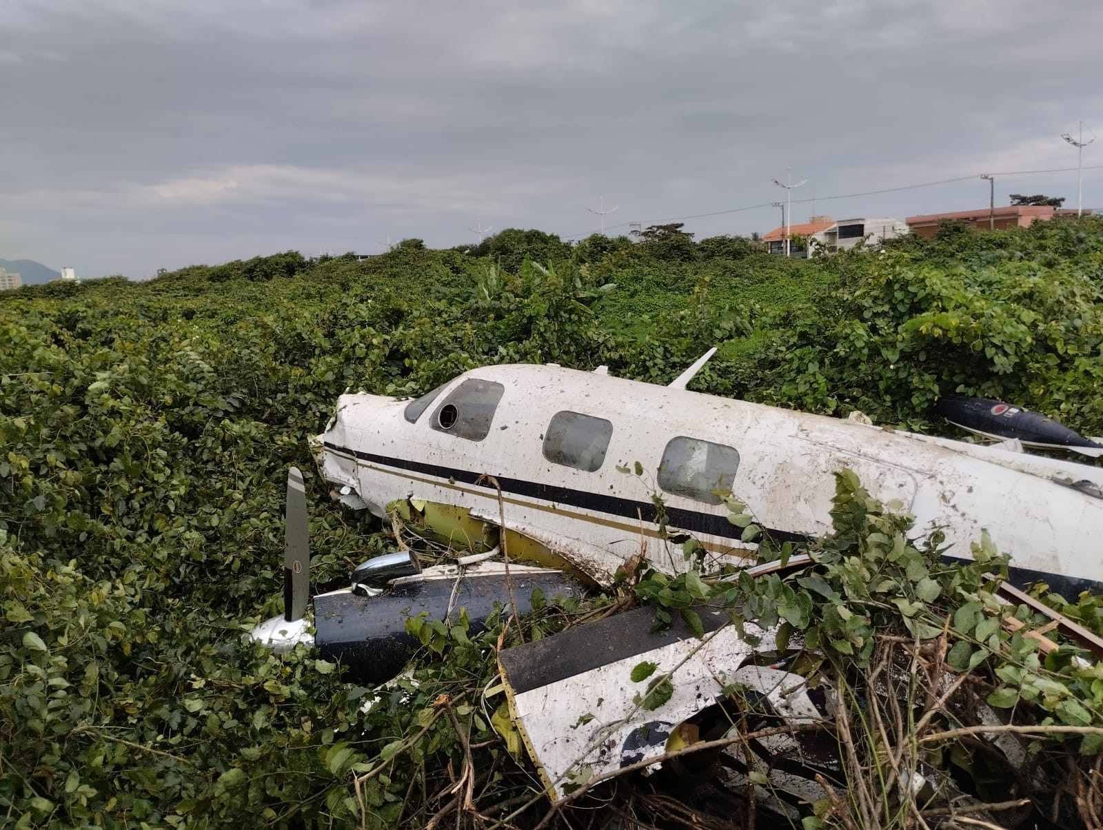 Avião de pequeno porte danificado em área de restinga em Navegantes