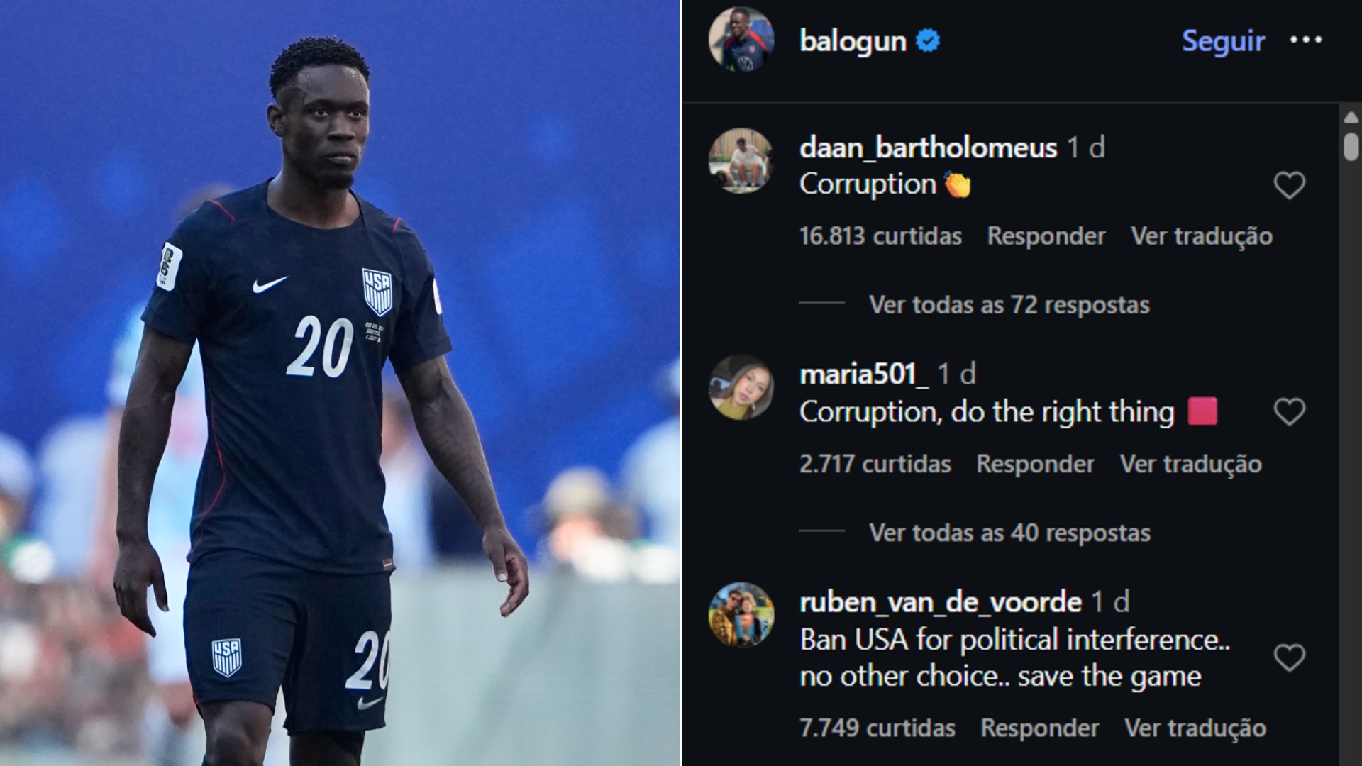 Comentários no Instagram de Folarin Balogun com críticas à anulação do cartão vermelho