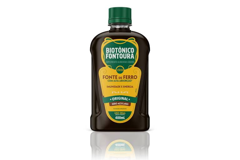 Frasco atual de Biotônico Fontoura com rótulo amarelo e verde