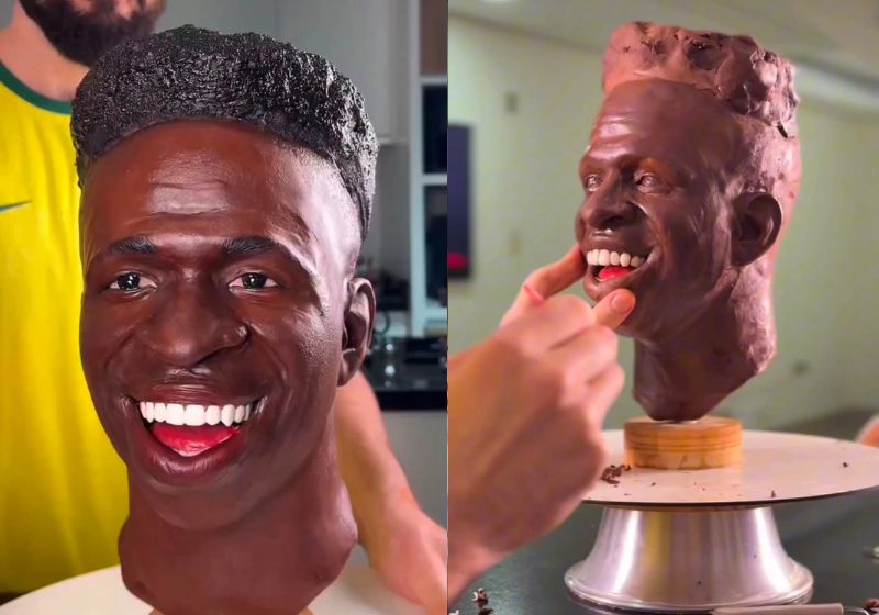 Bolo hiper-realista da cabeça de Vini Jr feito em chocolate