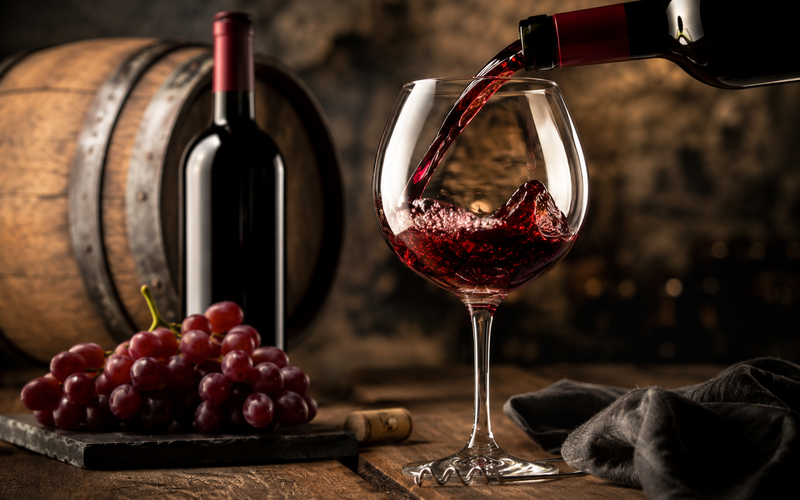 Taças de vinho tinto ao lado de uvas