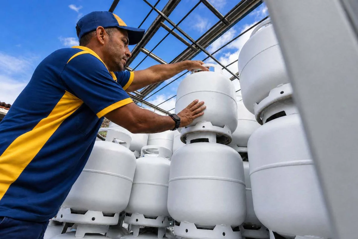 Homem pegando botijão de gás de cozinha