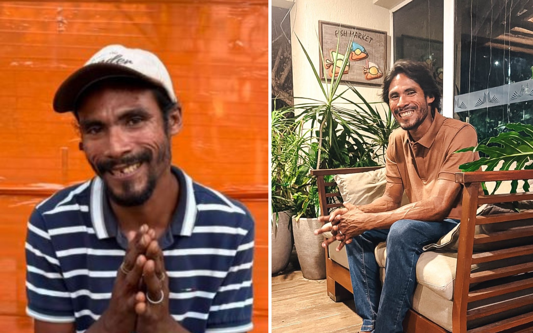 Tiago Viana antes e depois de cortar o cabelo, fazer a barba e trocar de roupa