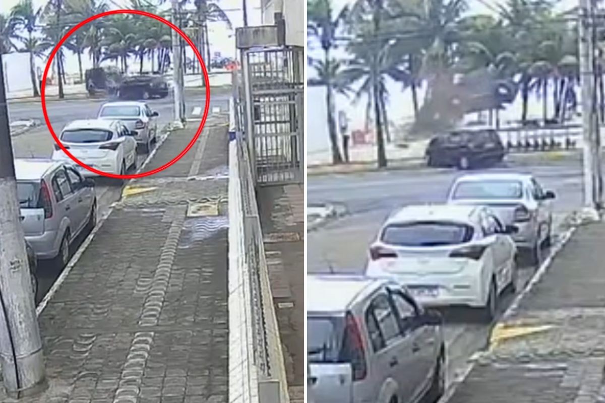 Carro capotado na faixa de areia em praia de Praia Grande