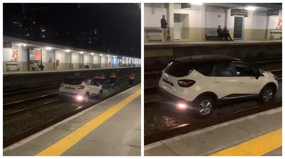 Carro branco sobre trilhos na estação Água Branca