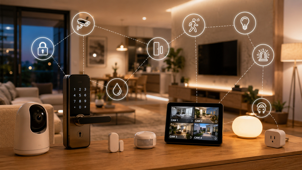 Casa inteligente com câmera, fechadura digital e sensores conectados
