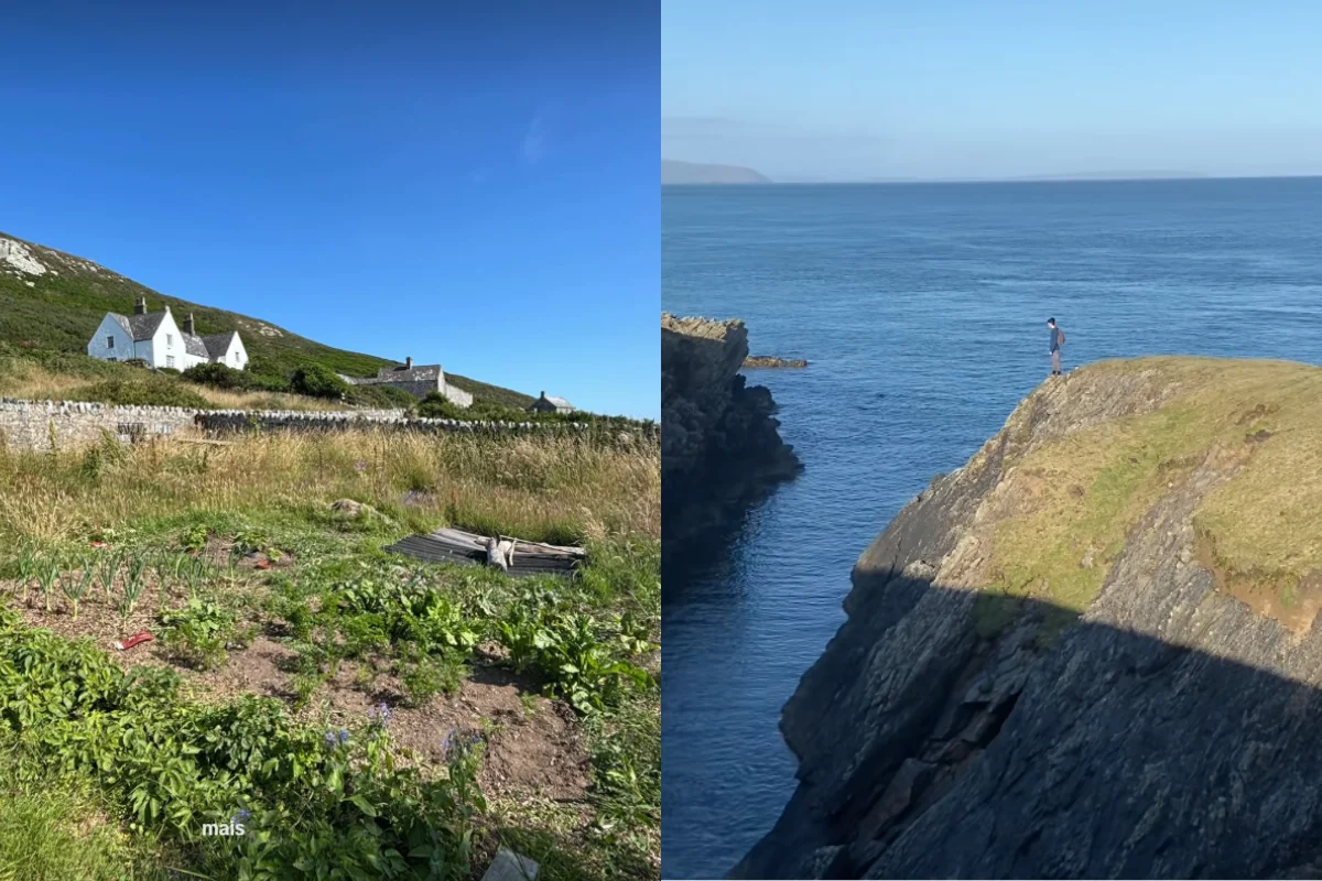 Lois Roberts e Aron Llywd em Ynys Enlli, no País de Gales