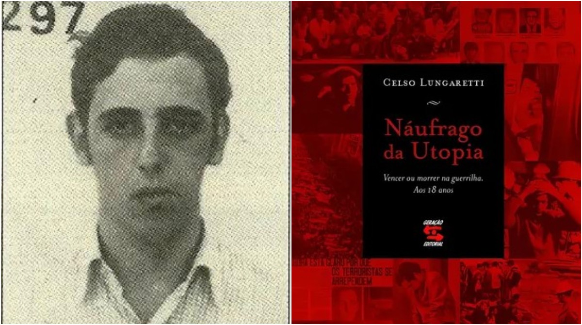 Celso Lungaretti na época da militância política e capa do livro Náufrago da Utopia