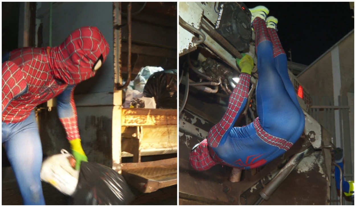 Carlos Daniel Siqueira Amancio vestido de Homem-Aranha durante coleta de lixo em Leme
