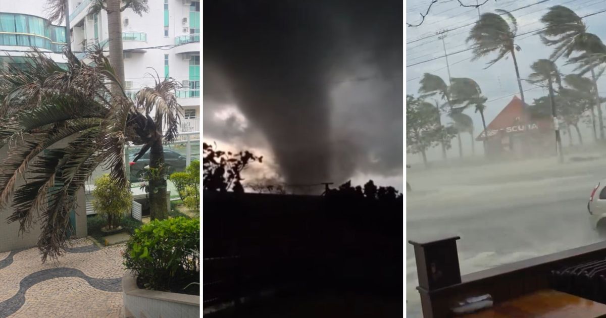 Nuvens escuras de tempestade sobre área urbana
