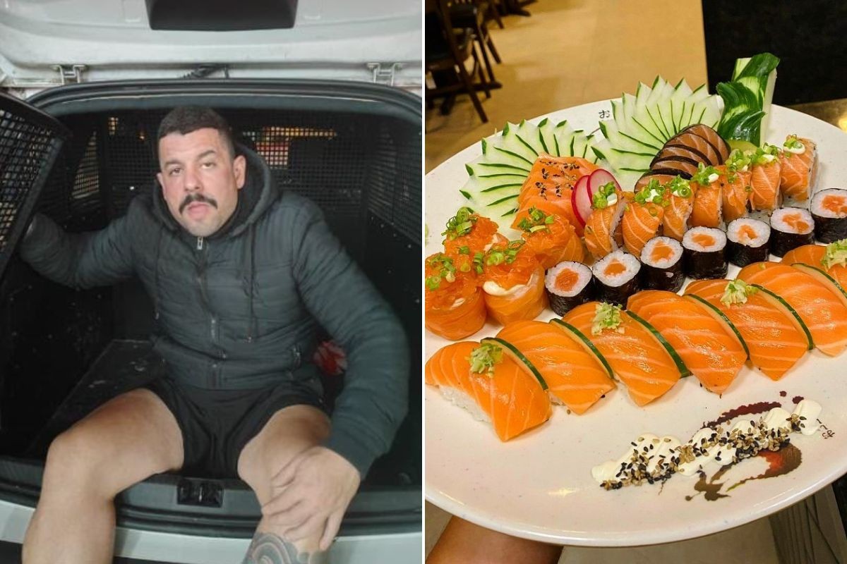 Homem em hipermercado durante ocorrência de furto de salmão em Guarujá