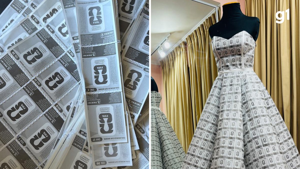 Vestido de noiva conceitual feito com papéis de figurinhas da Copa