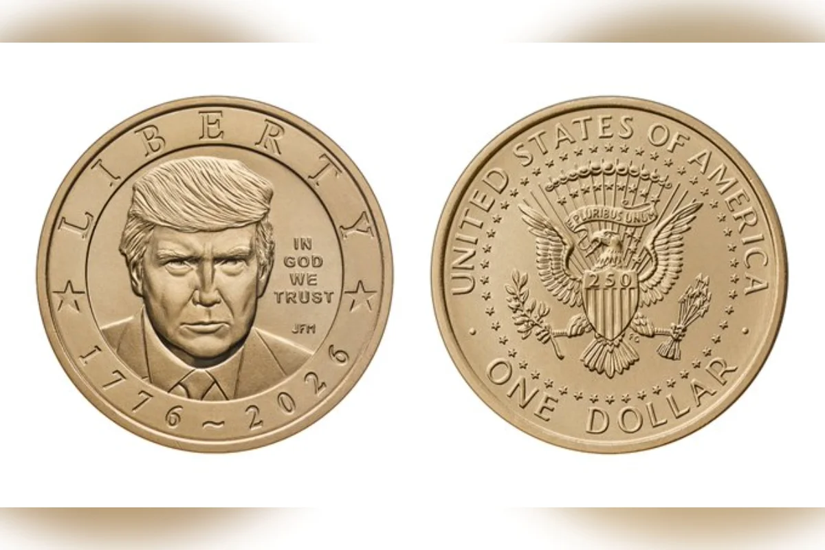 Moeda dourada de US$ 1 com o rosto de Donald Trump