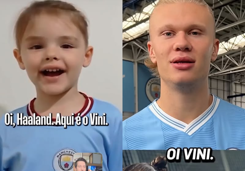 Erling Haaland e Vinícius, conhecido como Mini Haaland, em publicação do Manchester City