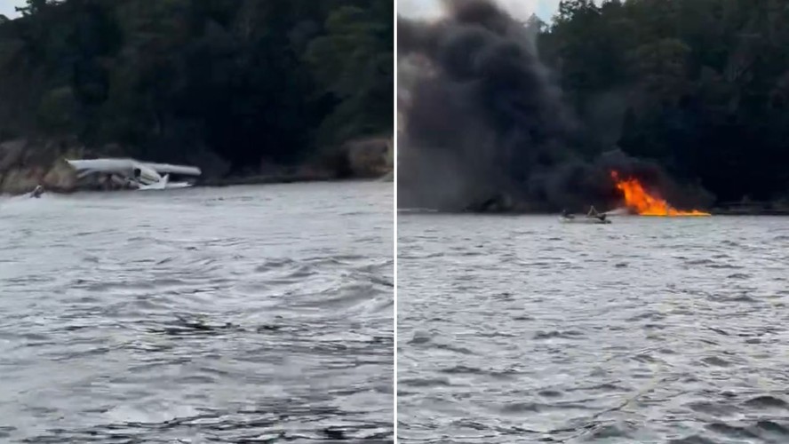 Hidroavião em chamas perto da Ilha Sucia, no estado de Washington