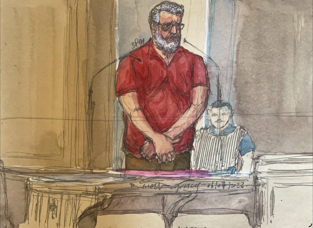 Desenho de Lakhdar Matoug durante julgamento em Paris