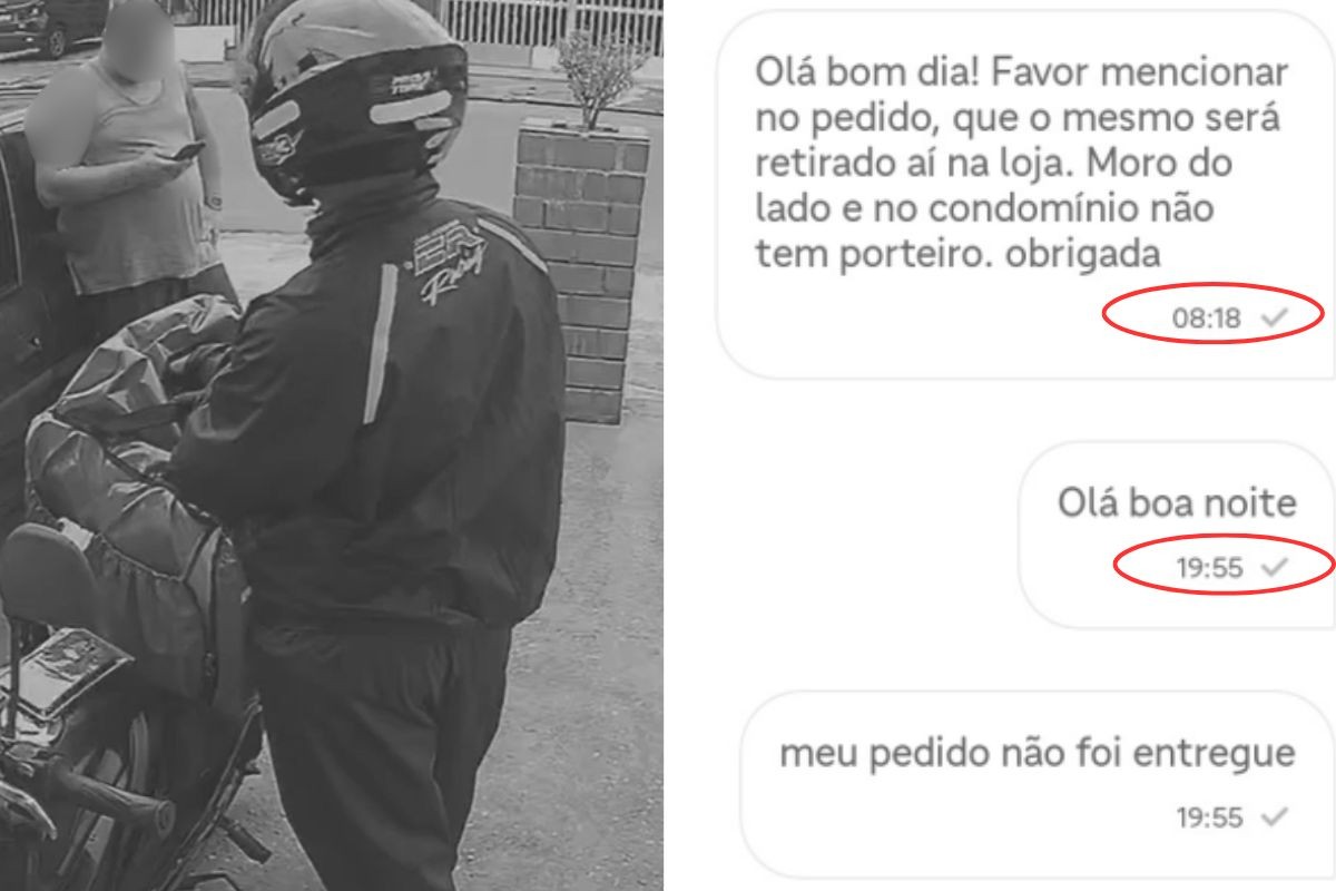 Entregador ao lado de um carro na área de acesso de um condomínio
