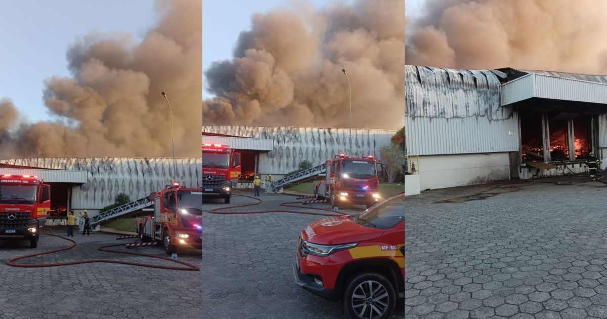 Bombeiros combatem incêndio em galpão industrial em Itajaí