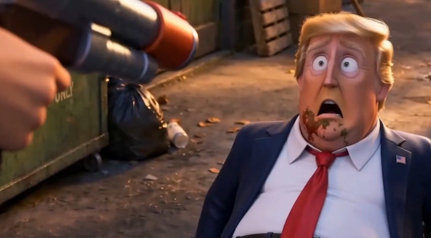Animação publicada pela agência Fars com Donald Trump em cena de propaganda