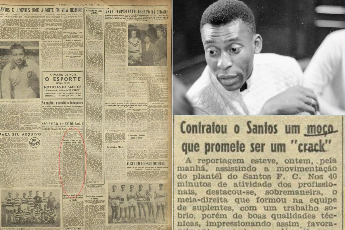 Página do jornal A Tribuna com notícia sobre a contratação de Pelé pelo Santos em 1956
