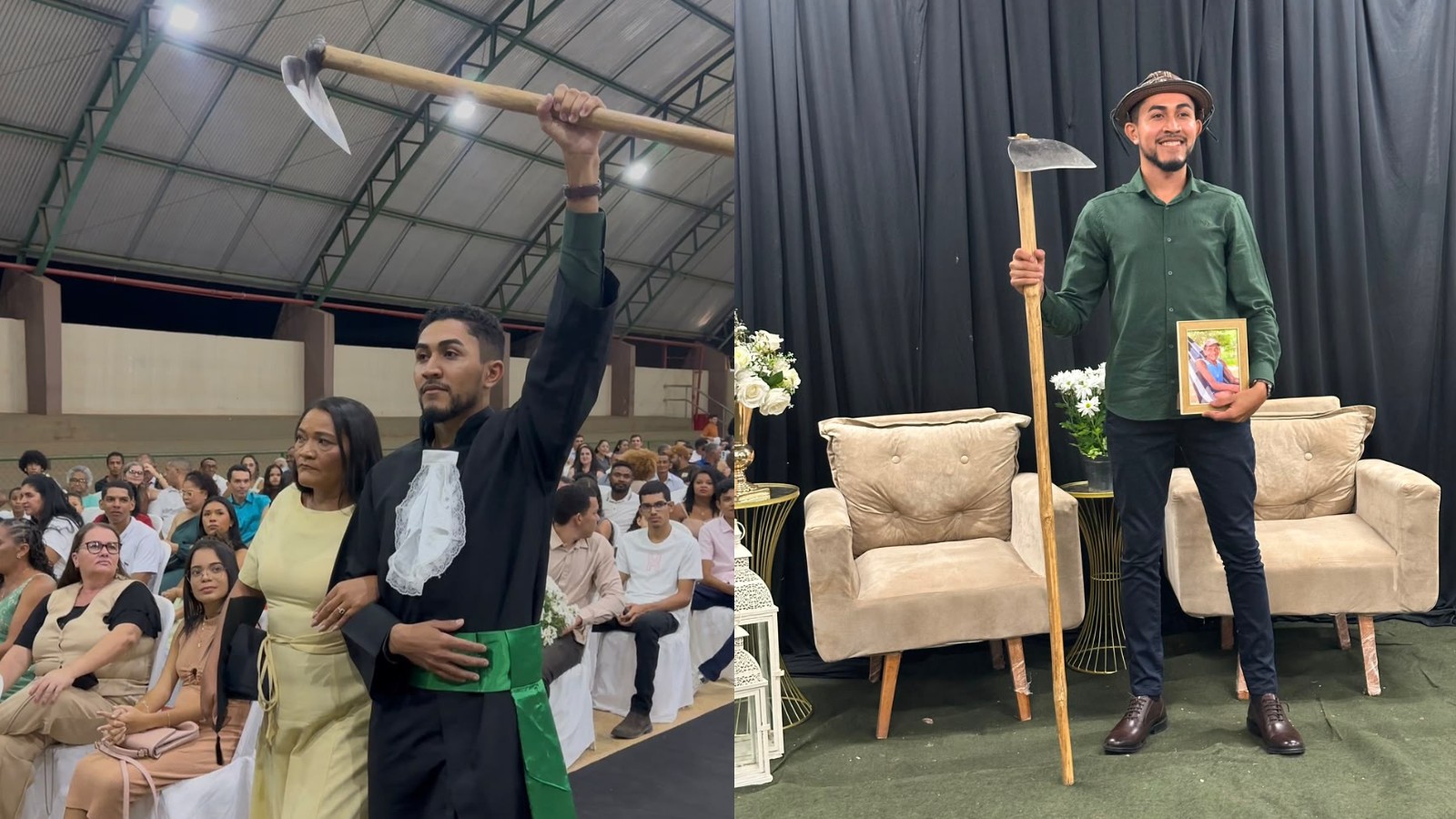 Gabriel Alves com enxada em cerimônia de formatura