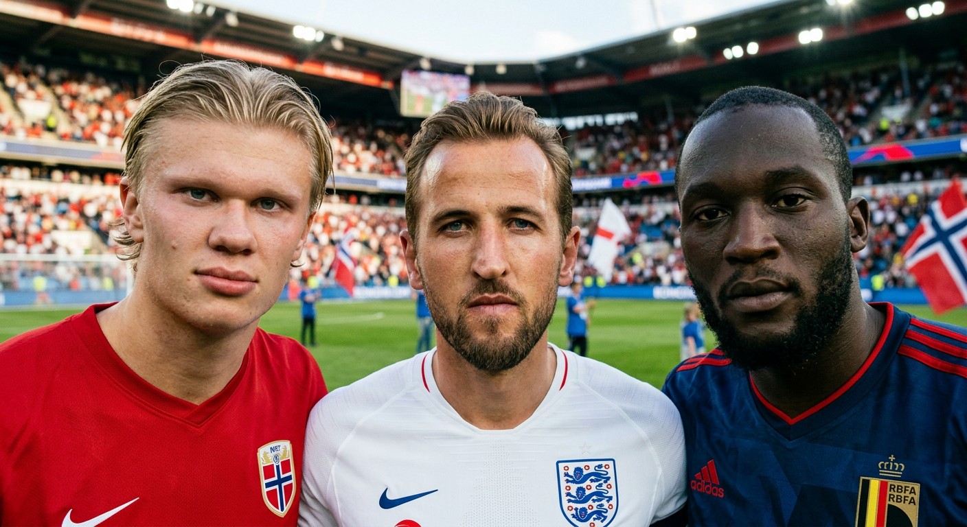 Erling Haaland, Harry Kane e Romelu Lukaku em arte digital