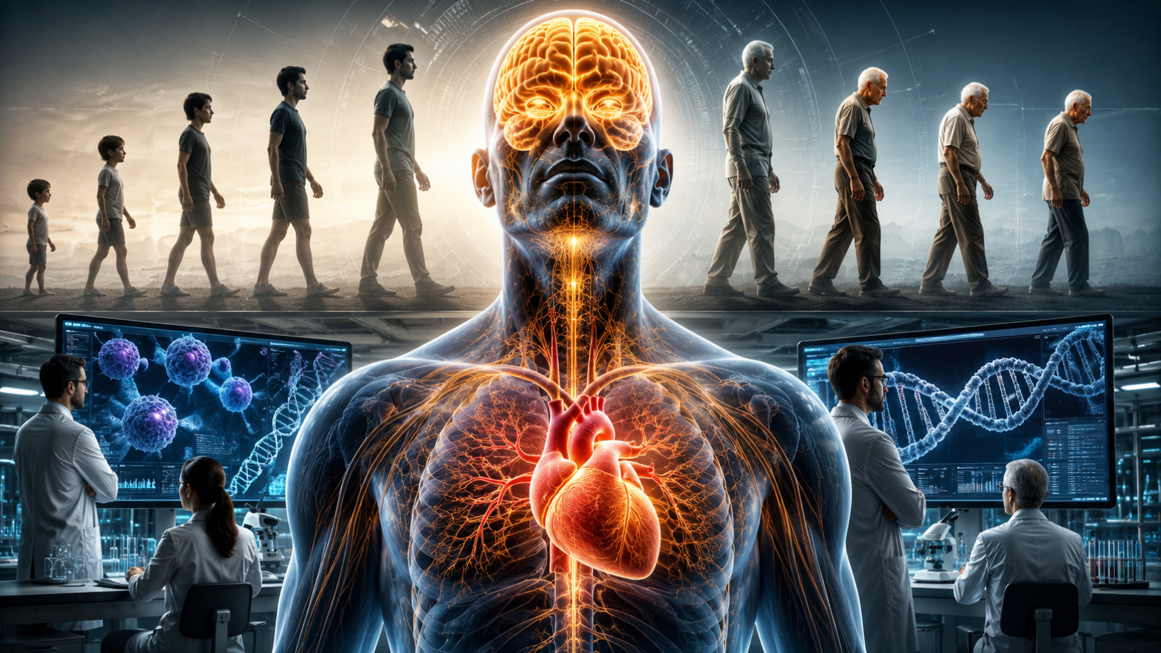 Ilustração de células humanas e estrutura de DNA