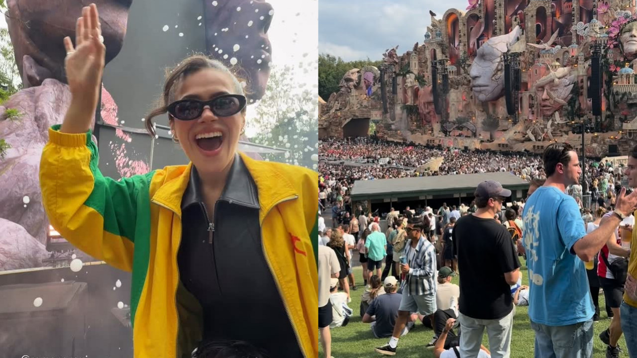 Maisa Silva no Tomorrowland com jaqueta verde e amarela