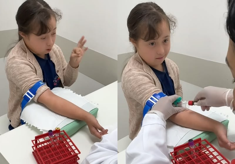 Maria Fernanda Jacques durante exame de sangue
