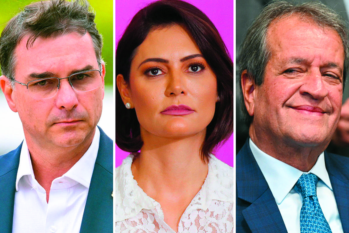 Montagem com Flávio Bolsonaro, Michelle Bolsonaro e Valdemar Costa Neto