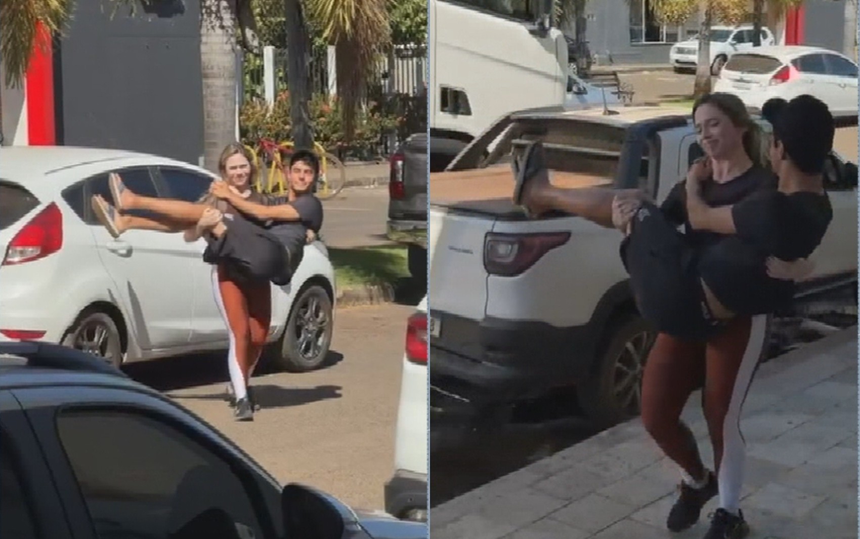 Amanda Mello carregando o marido no colo