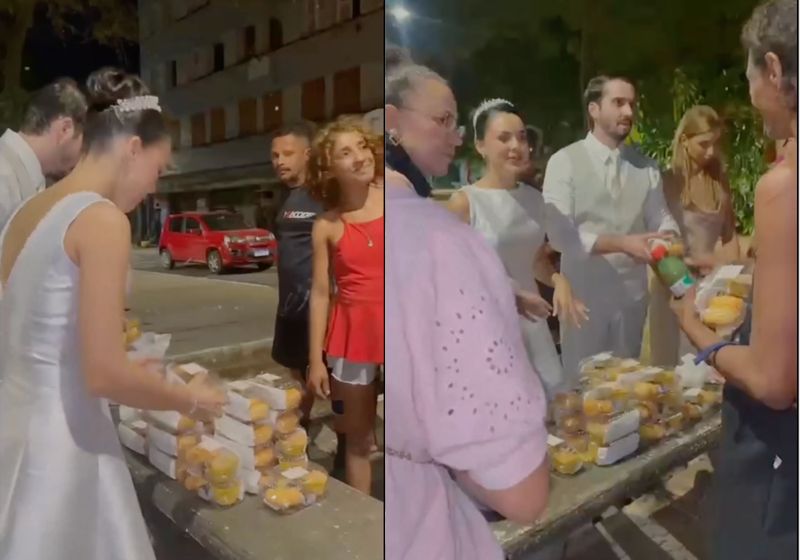 Noivos Andressa e Emerson distribuem lanches em praça de Teresina
