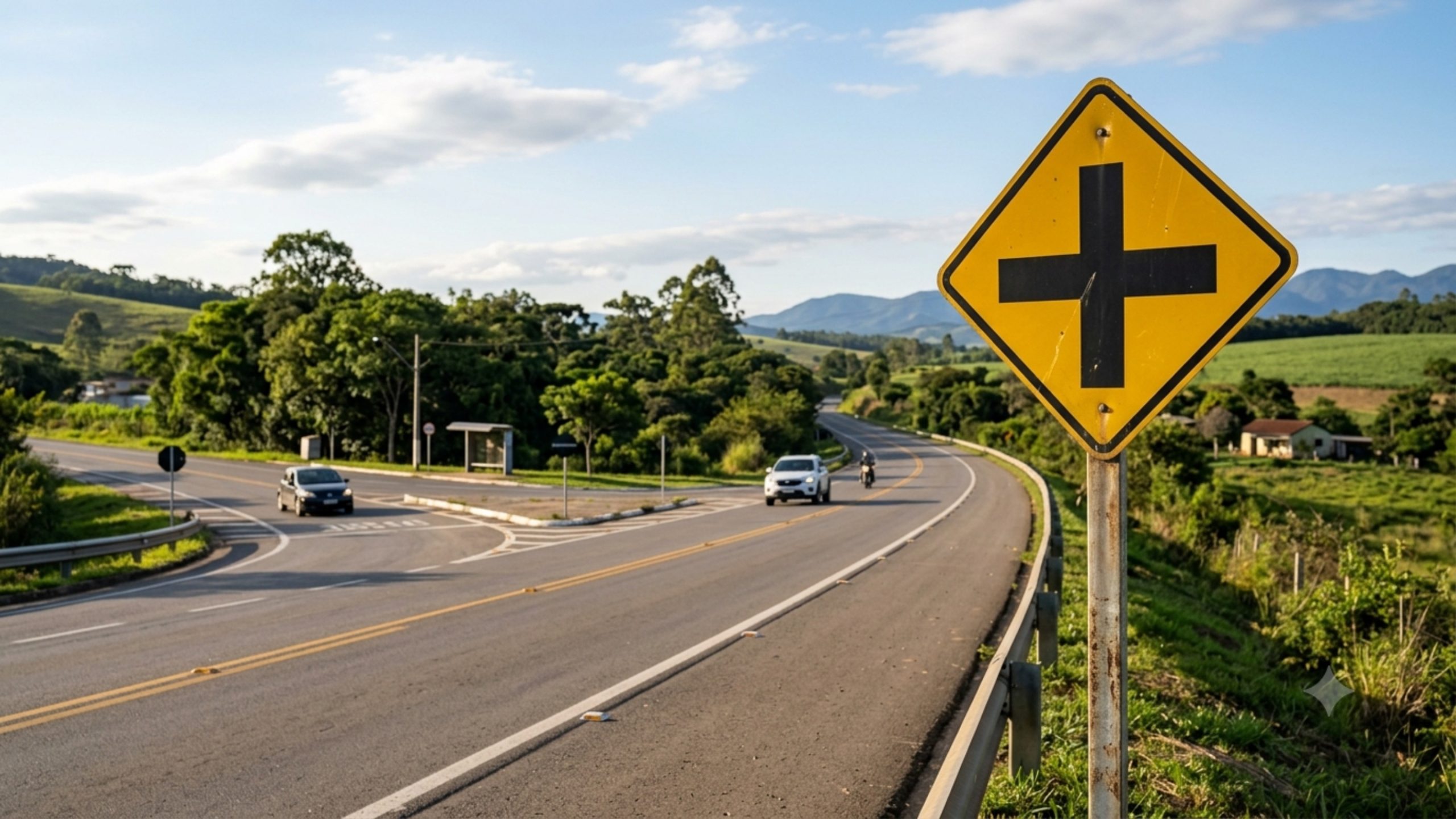 Placa amarela de trânsito com cruz preta