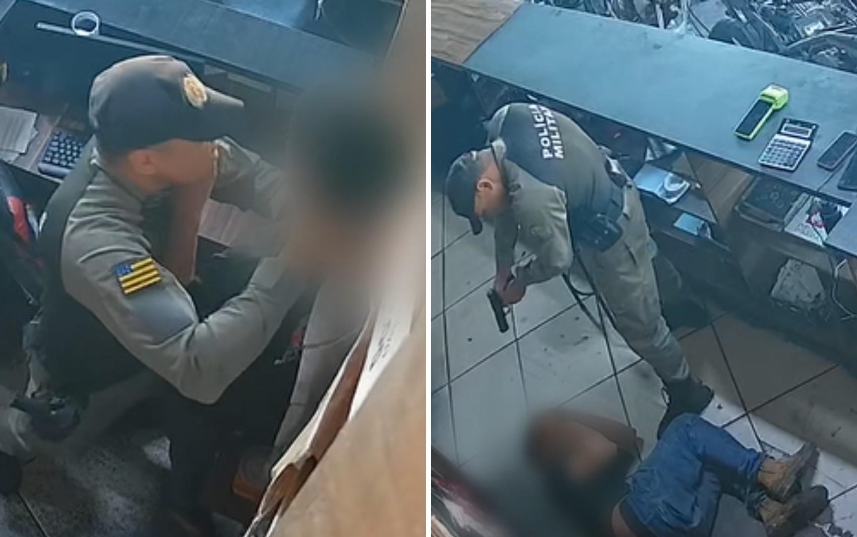 Policial militar segura adolescente no chão em loja de autopeças