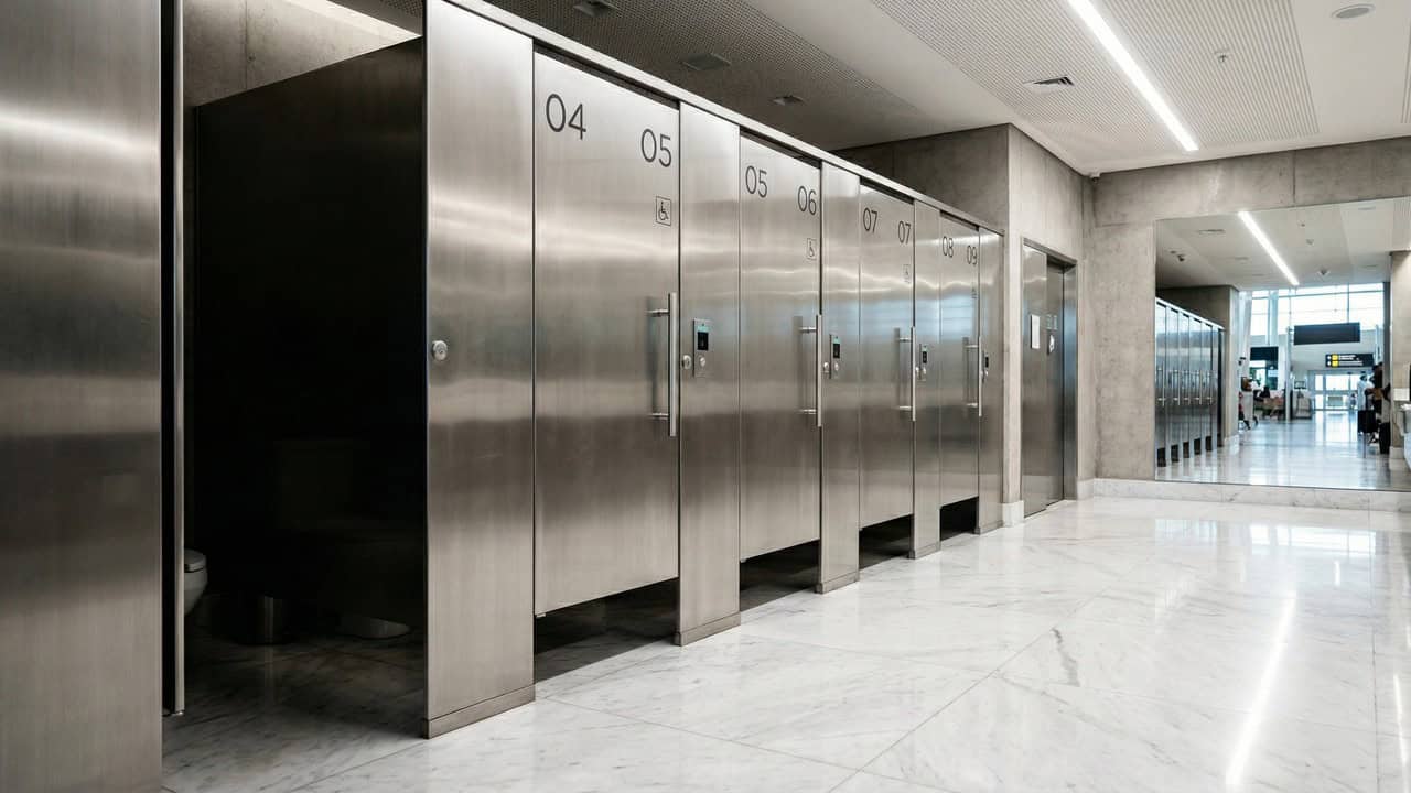 Cabines de banheiro público com portas elevadas em relação ao piso
