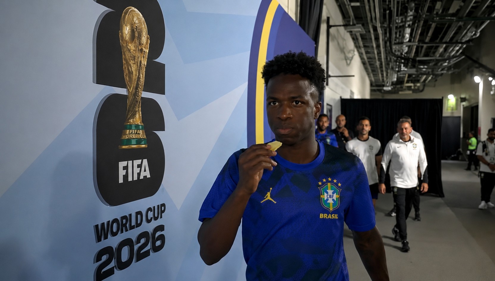 Vini Jr. com fatias de abacaxi antes de partida do Brasil