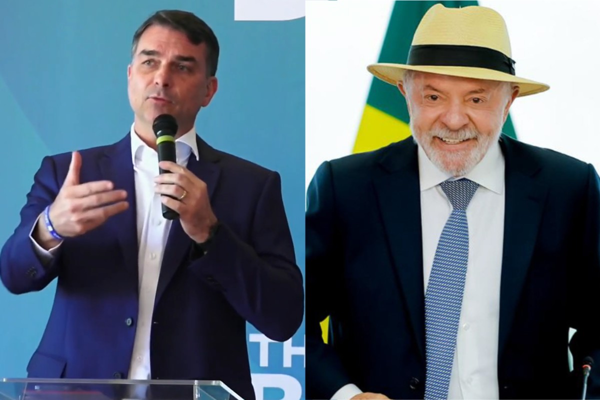 Flávio Bolsonaro e Lula em montagem com retratos dos dois políticos