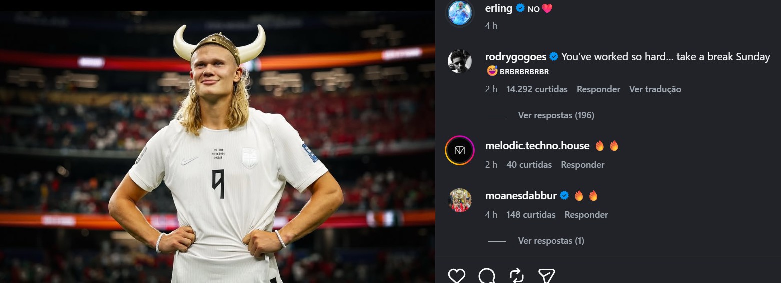Publicação de Haaland com capacete viking e comentário de Rodrygo
